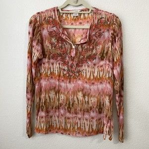 Sundance Womens Blouse Top Size S 100% Silk Tie Dye Boho Embroidered